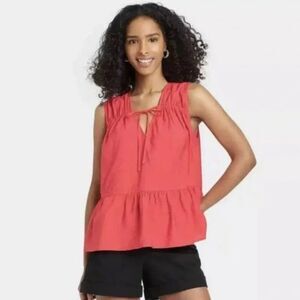 A New Day Smocked Tank Top with Tie Neck in Mango Berry Size Large